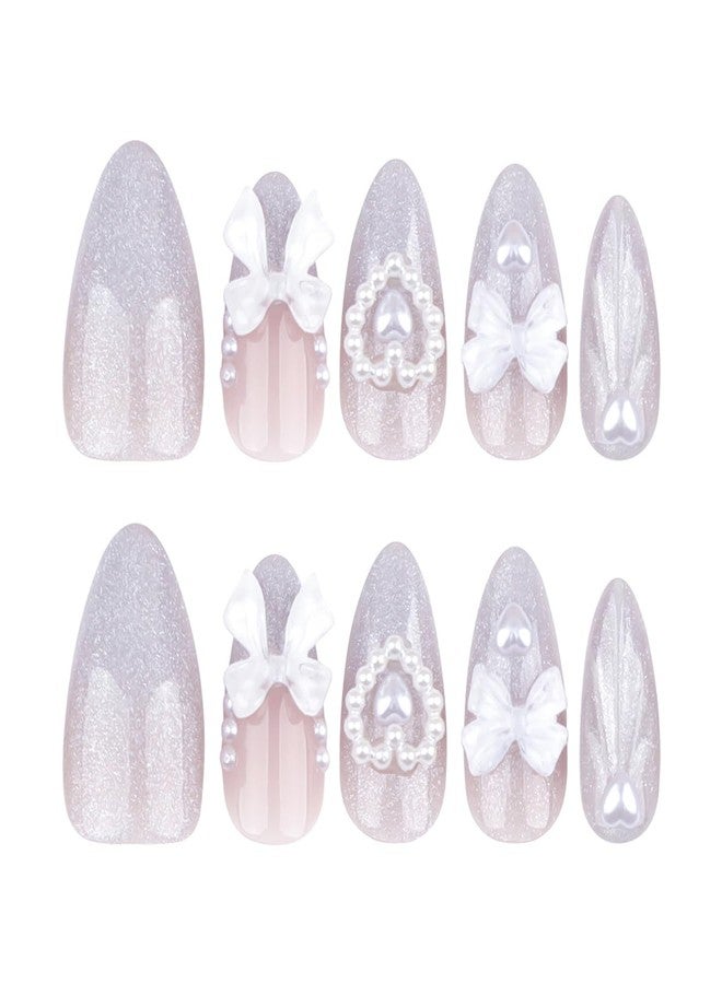 OSTTMA 24Pcs Almond Press on Nails 3D Heart Fake Nails Glossy Silver False Nails with 3D Bow Heart Pearl Acrylic Nails Designs Luxury Glue on Nails Full Cover Artificial Nails for Women Manicure Decor - Image 3
